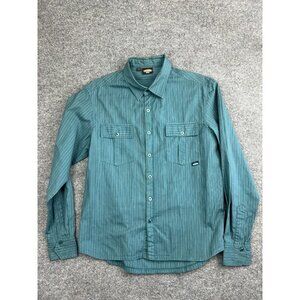 Kavu Button Up Shirt Men's Medium Green Blue Striped Long Sleeve Cotton Blend